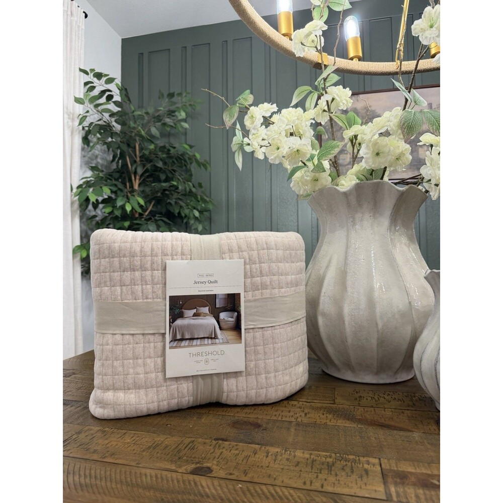 Threshold Quilt Cotton Jersey Square Quilted Heavyweight,OATMEAL, Full/Queen NEW
